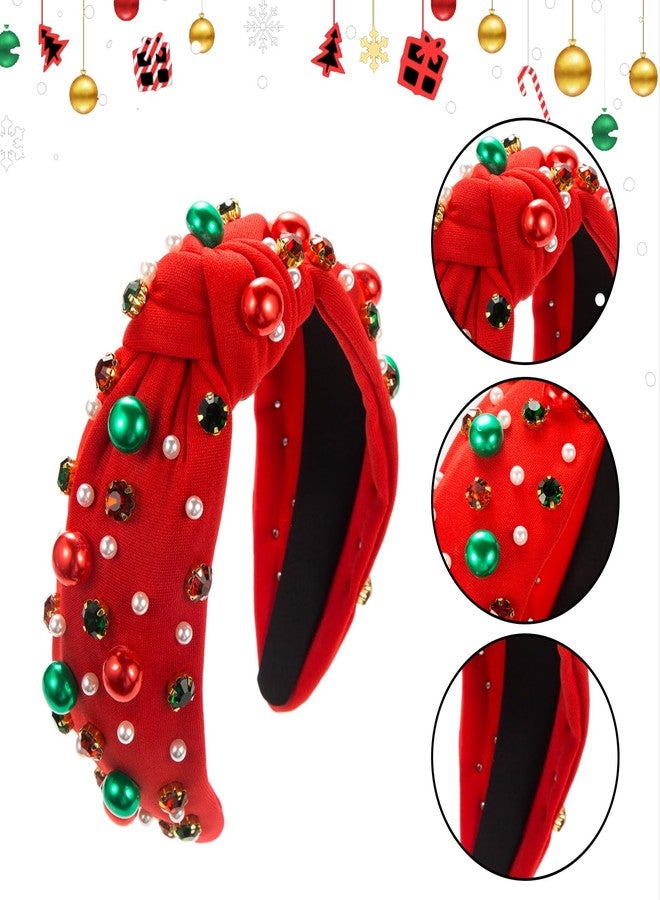 Sokfone Women's Pearl Knotted Headband - Top Knot Holiday Headband, Red and Green Pearl Rhinestone Crystal Gem Hairband, Christmas Topper Gift - Image 2